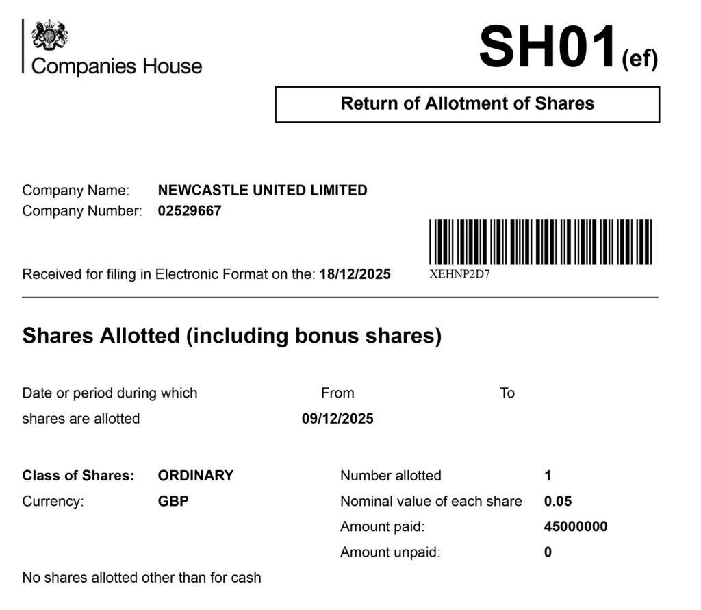 Newcastle United Allotment of Shares December 2025 Companies House